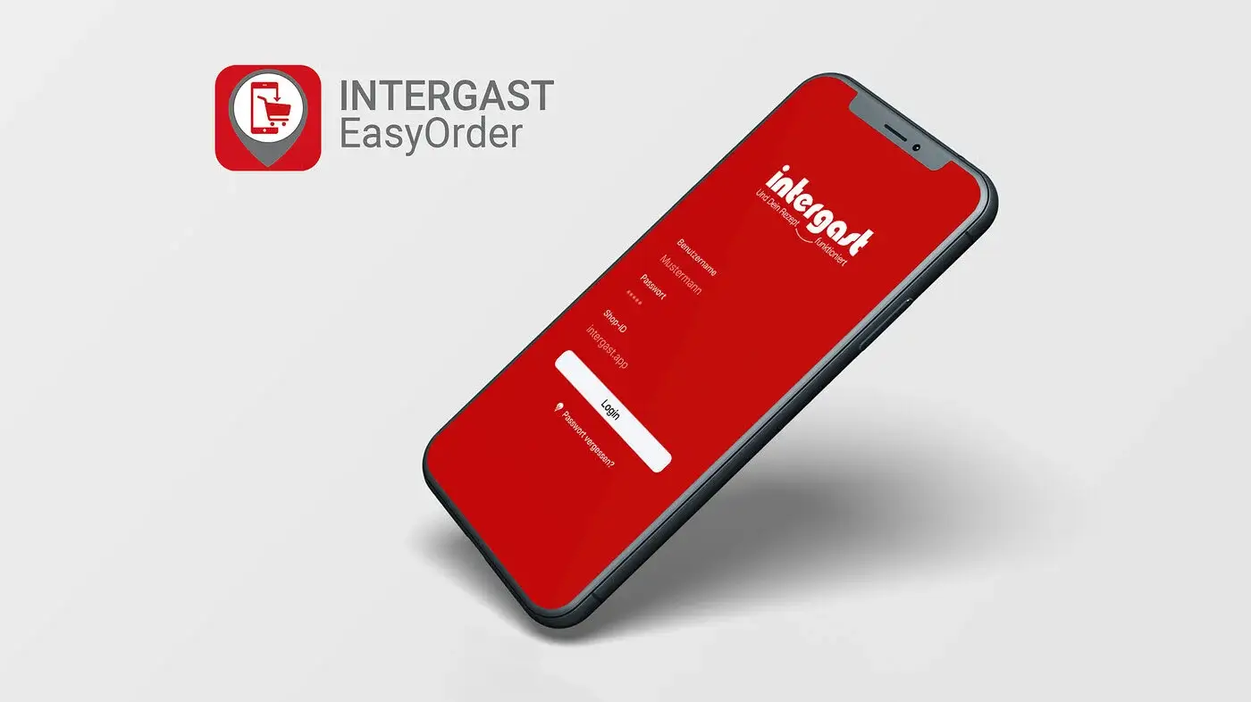 Screenshot der INTERGAST EasyOrder App auf einem Smartphone, mit Funktionen wie GTIN-Scan, Zugriff auf Einkaufslisten und Suchfunktion
