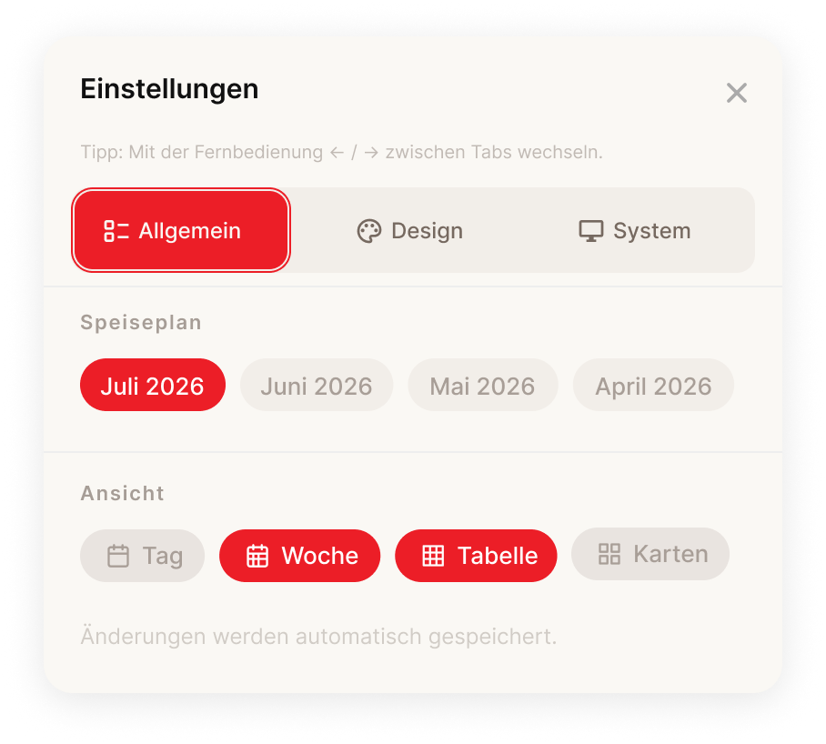 Einstellungen im Verwaltungs-Interface des digitalen Speiseplans